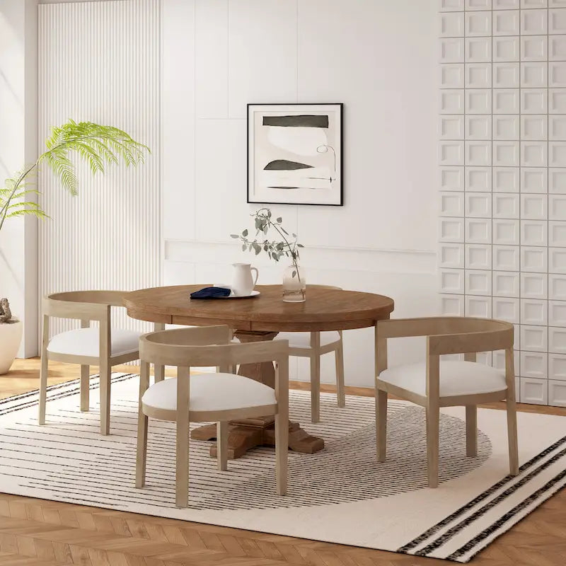 Set da pranzo 5 pezzi in frassino chiaro e tessuto per 4 persone, tavolo rotondo allungabile