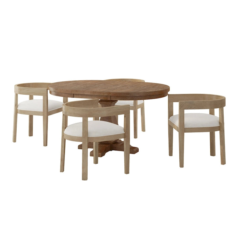 Set da pranzo 5 pezzi in frassino chiaro e tessuto per 4 persone, tavolo rotondo allungabile