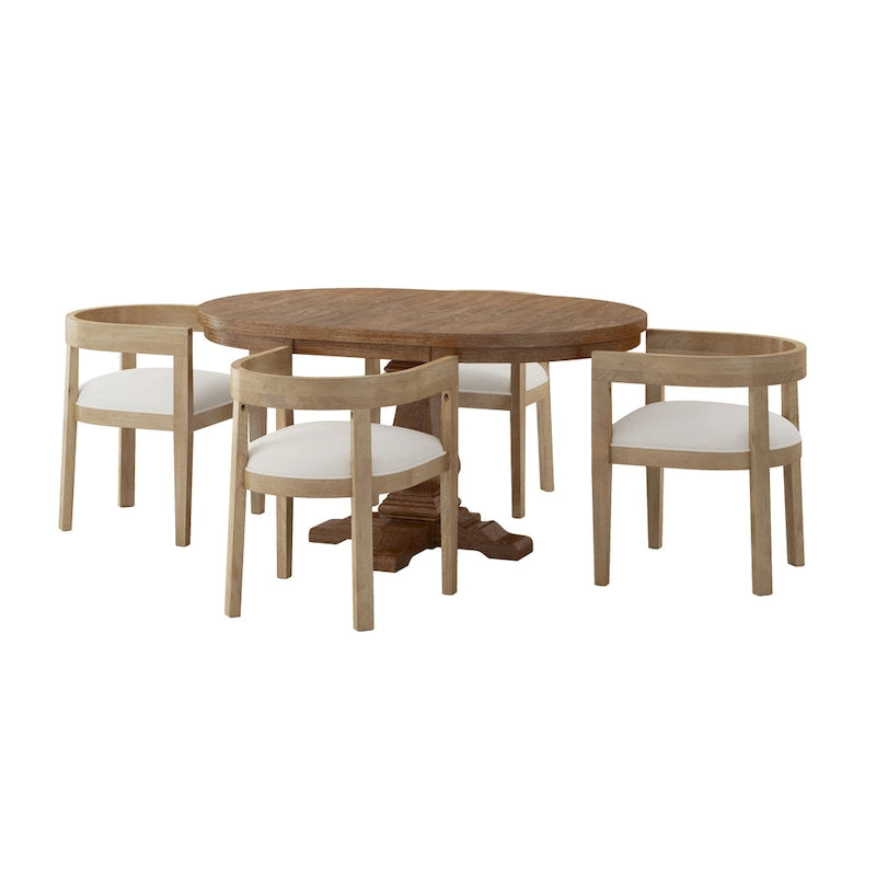 Set da pranzo 5 pezzi in frassino chiaro e tessuto per 4 persone, tavolo rotondo allungabile