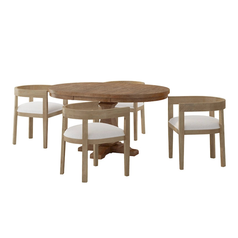 Set da pranzo 5 pezzi in frassino chiaro e tessuto per 4 persone, tavolo rotondo allungabile