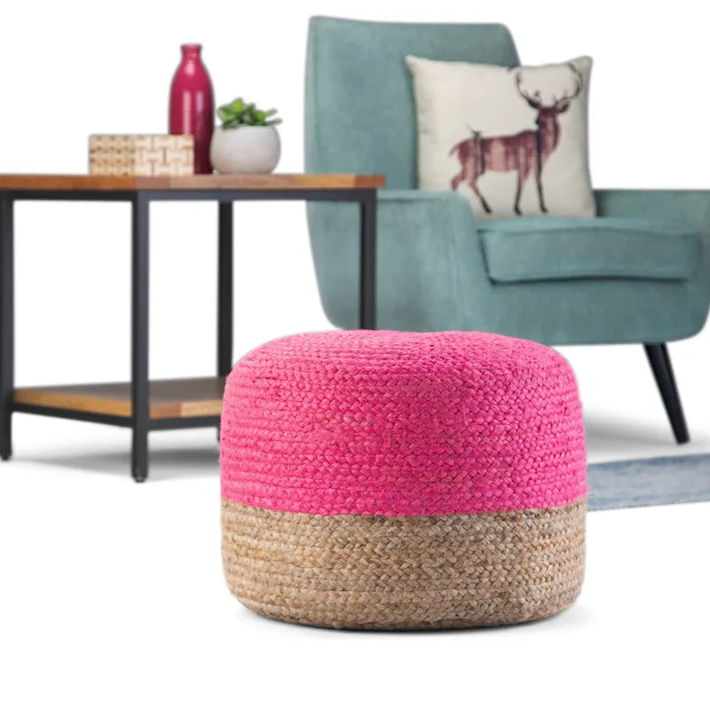 Pouf Rotondo in Juta Intrecciata, Opzioni Multicolore, Seduta per 1 Persona