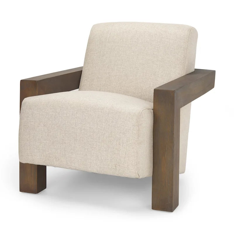 Poltrona accentuata in tessuto beige, struttura in legno massello, 1 posto