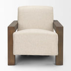 Poltrona accentuata in tessuto beige, struttura in legno massello, 1 posto