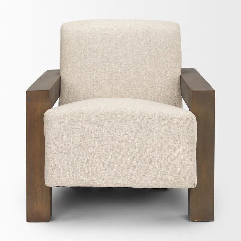 Poltrona accentuata in tessuto beige, struttura in legno massello, 1 posto