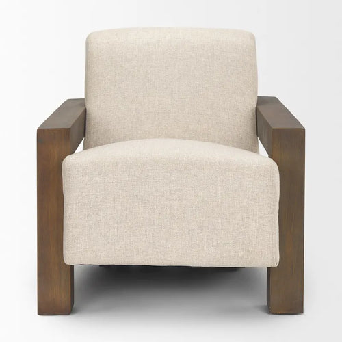 Poltrona accentuata in tessuto beige, struttura in legno massello, 1 posto