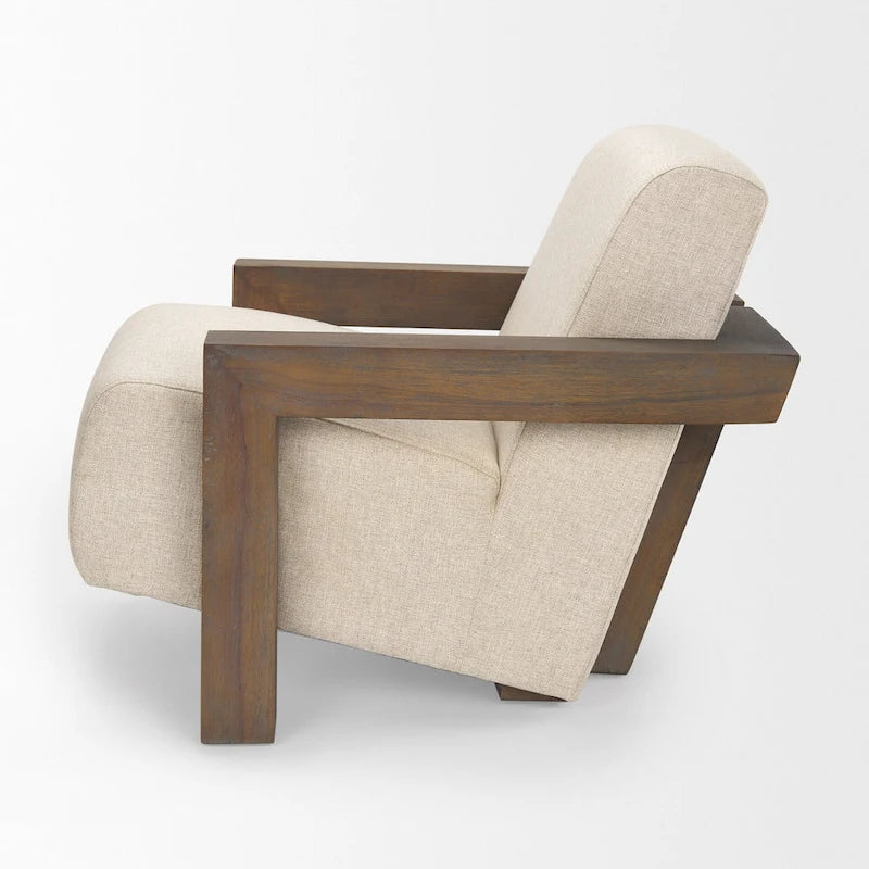 Poltrona accentuata in tessuto beige, struttura in legno massello, 1 posto
