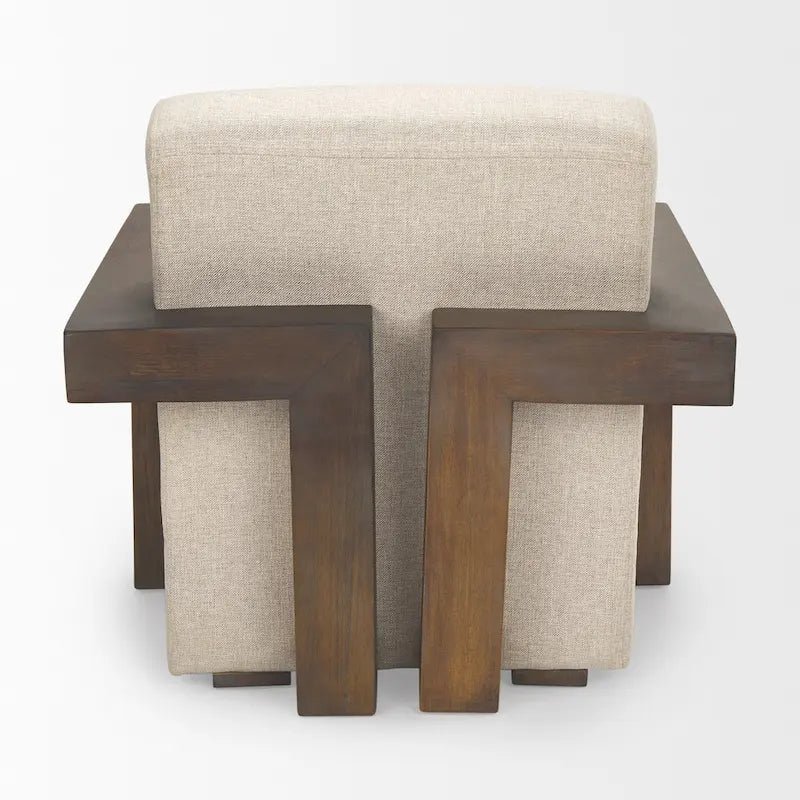 Poltrona accentuata in tessuto beige, struttura in legno massello, 1 posto