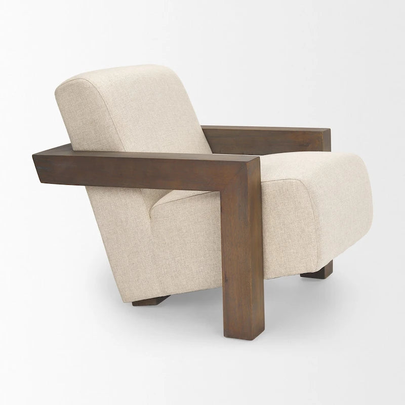 Poltrona accentuata in tessuto beige, struttura in legno massello, 1 posto