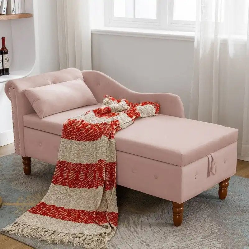Chaise longue singola in velluto trapuntato multicolore con bracciolo arrotolato e contenitore