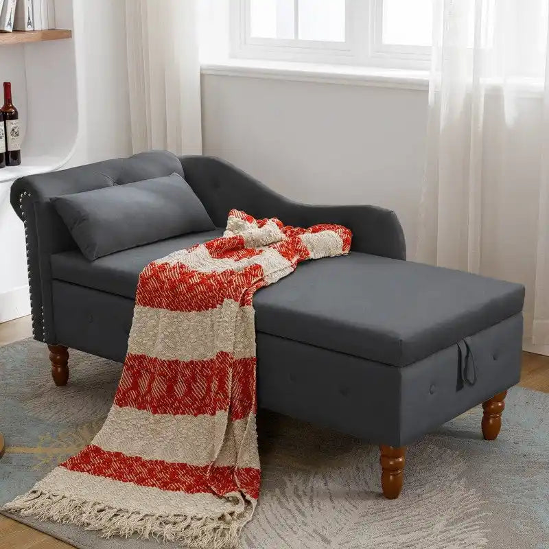 Chaise longue singola in velluto trapuntato multicolore con bracciolo arrotolato e contenitore