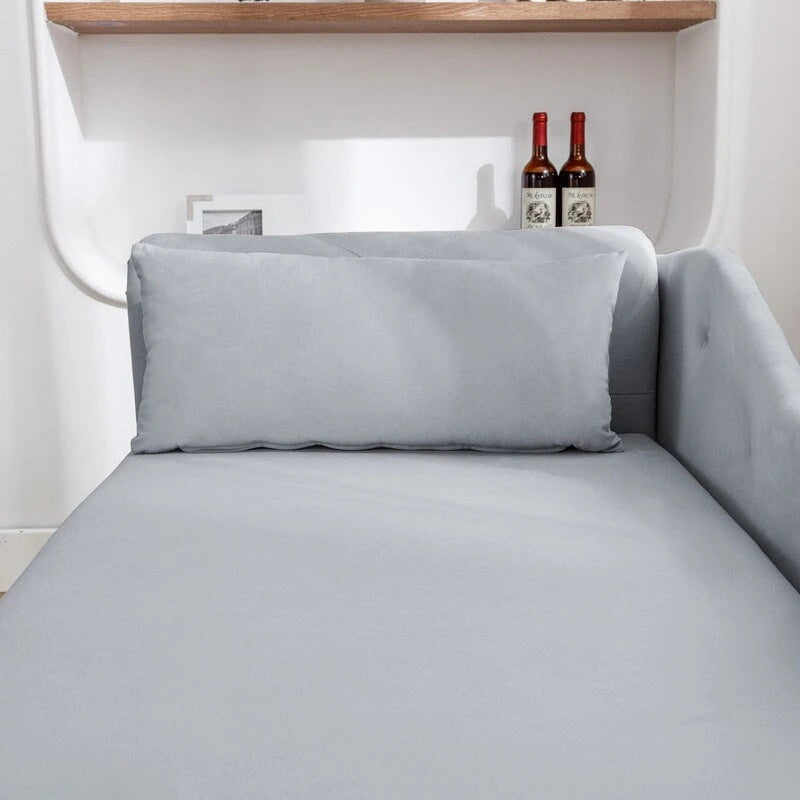 Chaise longue singola in velluto trapuntato multicolore con bracciolo arrotolato e contenitore