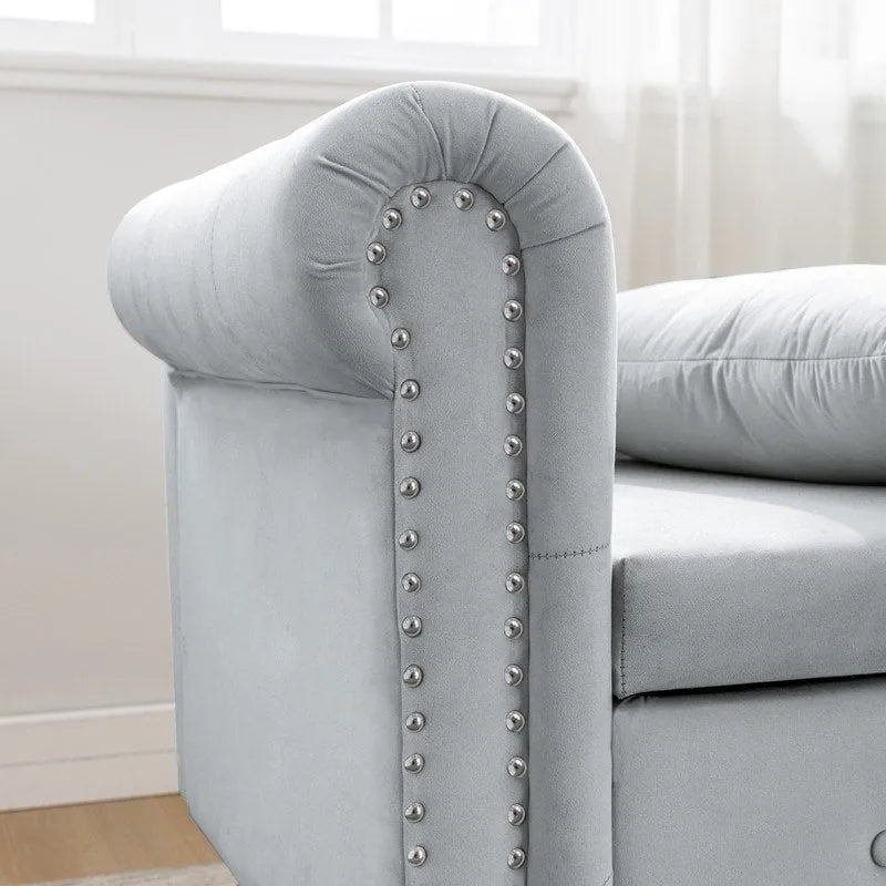 Chaise longue singola in velluto trapuntato multicolore con bracciolo arrotolato e contenitore