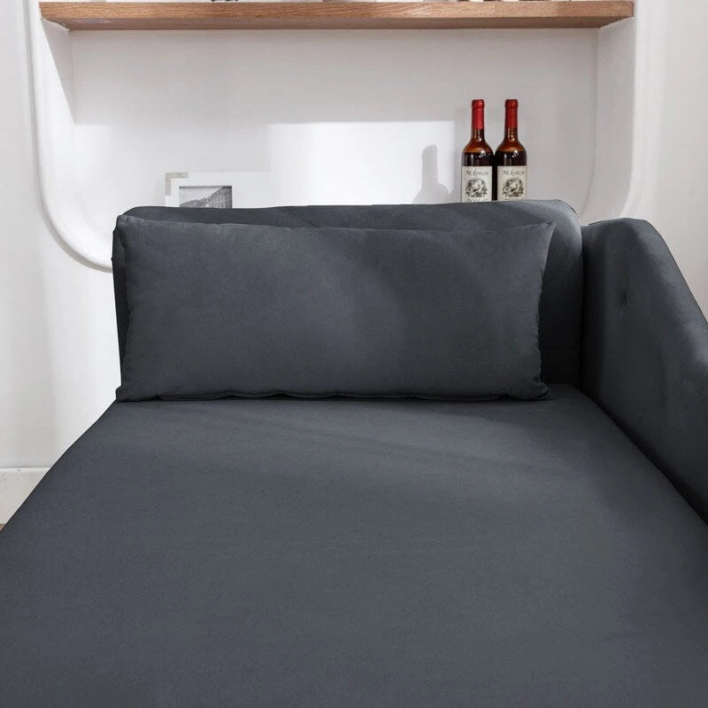 Chaise longue singola in velluto trapuntato multicolore con bracciolo arrotolato e contenitore