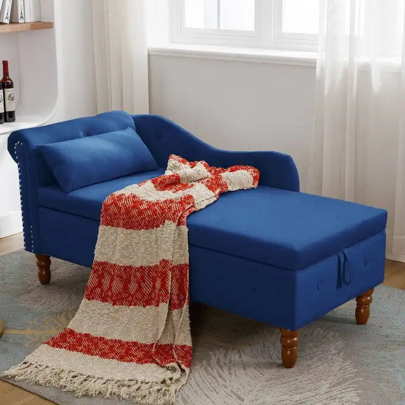Chaise longue singola in velluto trapuntato multicolore con bracciolo arrotolato e contenitore