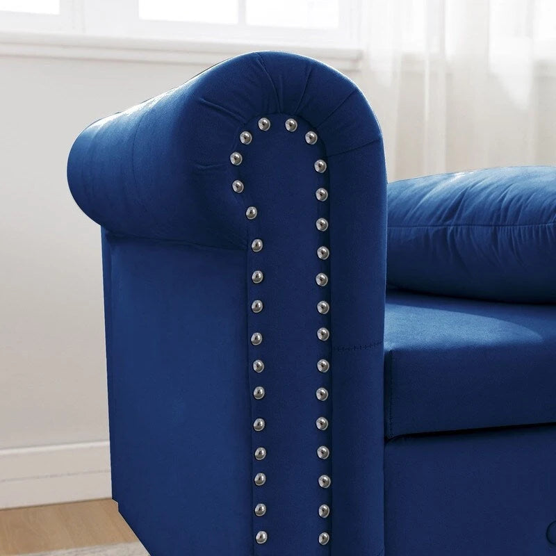 Chaise longue singola in velluto trapuntato multicolore con bracciolo arrotolato e contenitore