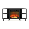Mobile TV ad angolo Americano / French Oak Grey / Solid White con caminetto elettrico, per TV fino a 55", per 1-2 persone