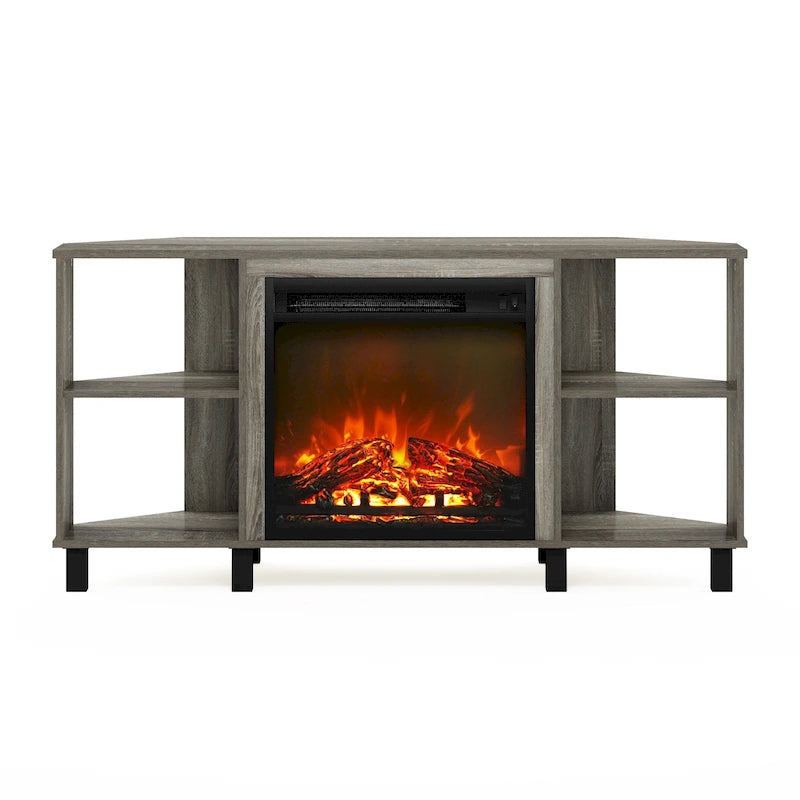 Mobile TV ad angolo Americano / French Oak Grey / Solid White con caminetto elettrico, per TV fino a 55", per 1-2 persone