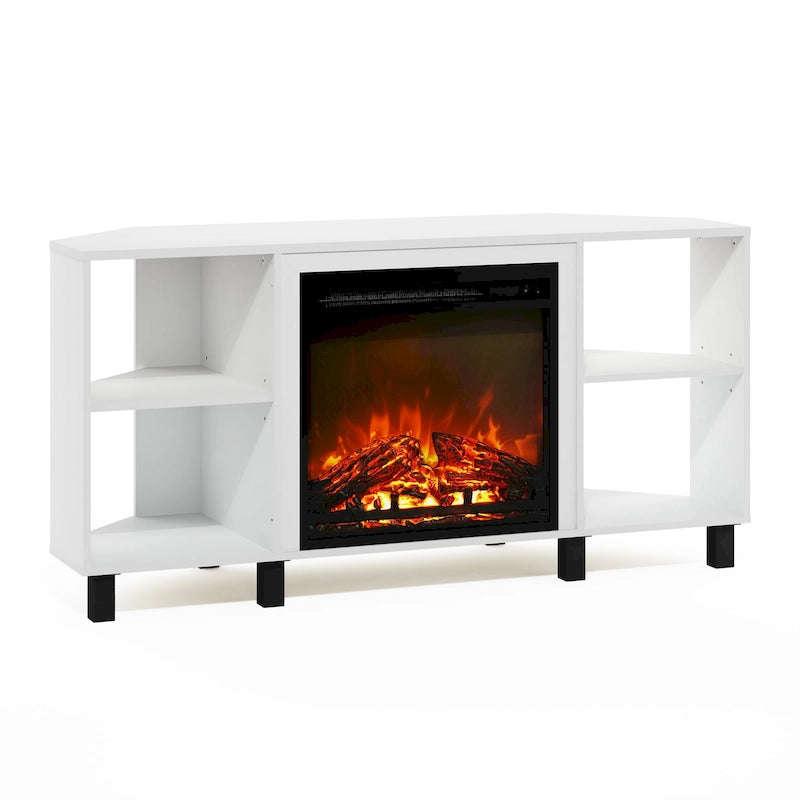 Mobile TV ad angolo Americano / French Oak Grey / Solid White con caminetto elettrico, per TV fino a 55", per 1-2 persone