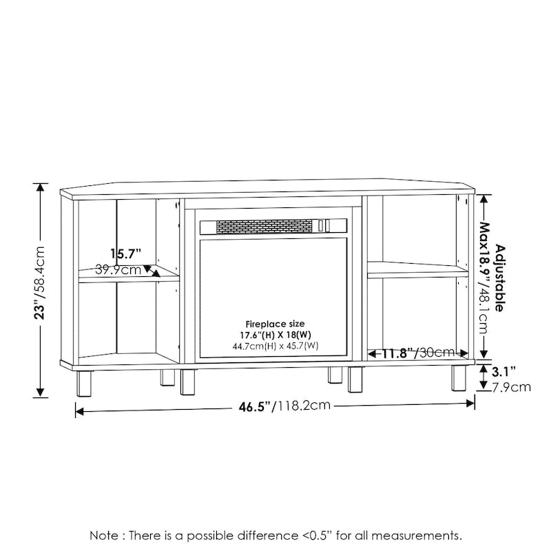 Mobile TV ad angolo Americano / French Oak Grey / Solid White con caminetto elettrico, per TV fino a 55", per 1-2 persone