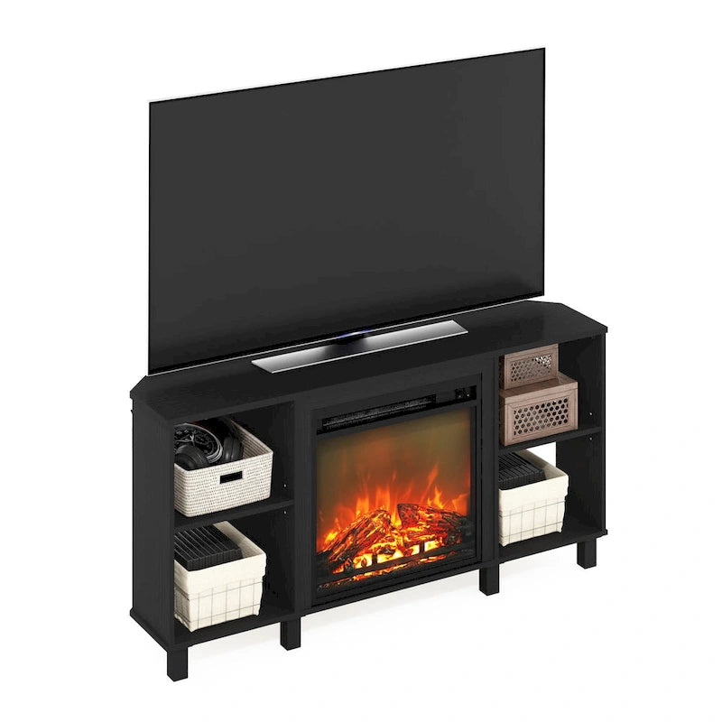 Mobile TV ad angolo Americano / French Oak Grey / Solid White con caminetto elettrico, per TV fino a 55", per 1-2 persone
