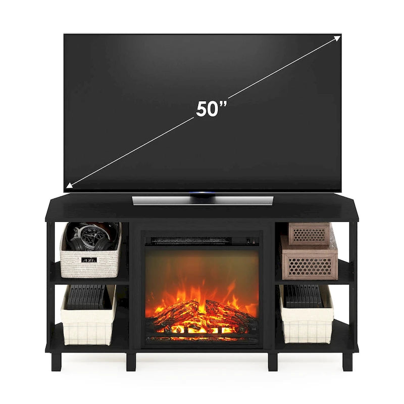 Mobile TV ad angolo Americano / French Oak Grey / Solid White con caminetto elettrico, per TV fino a 55", per 1-2 persone
