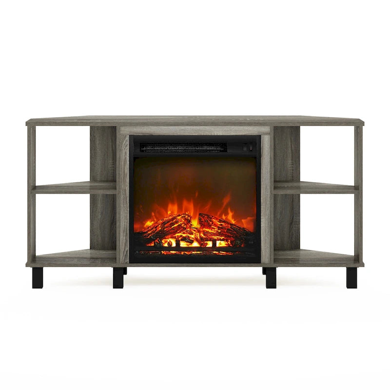 Mobile TV ad angolo Americano / French Oak Grey / Solid White con caminetto elettrico, per TV fino a 55", per 1-2 persone