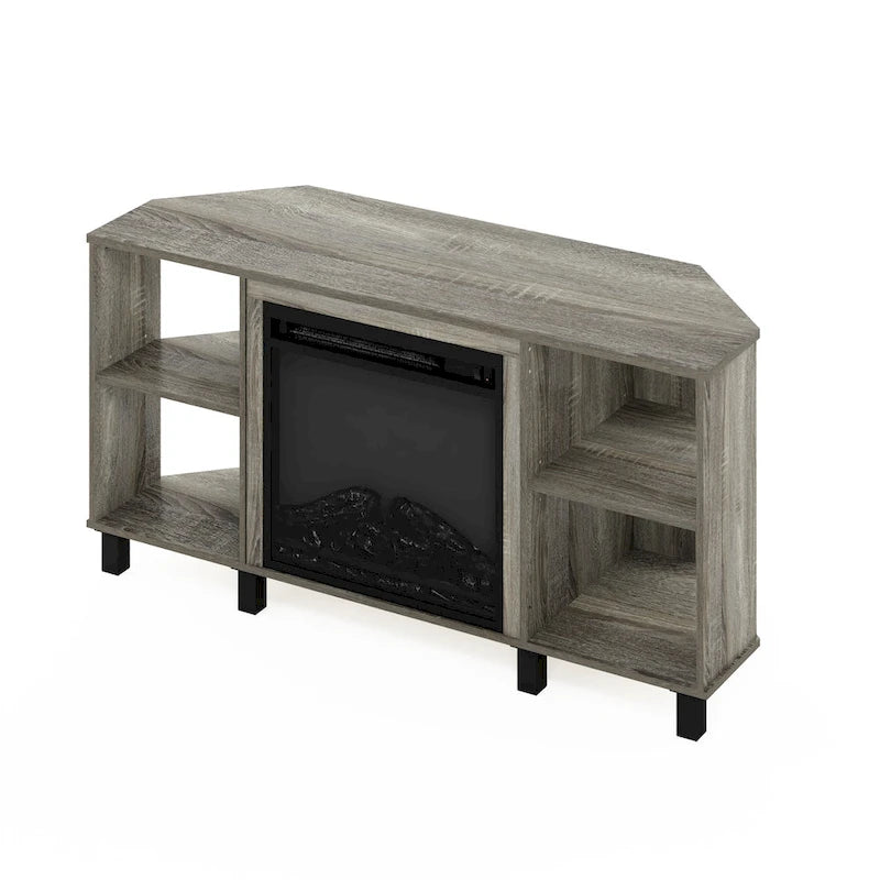 Mobile TV ad angolo Americano / French Oak Grey / Solid White con caminetto elettrico, per TV fino a 55", per 1-2 persone