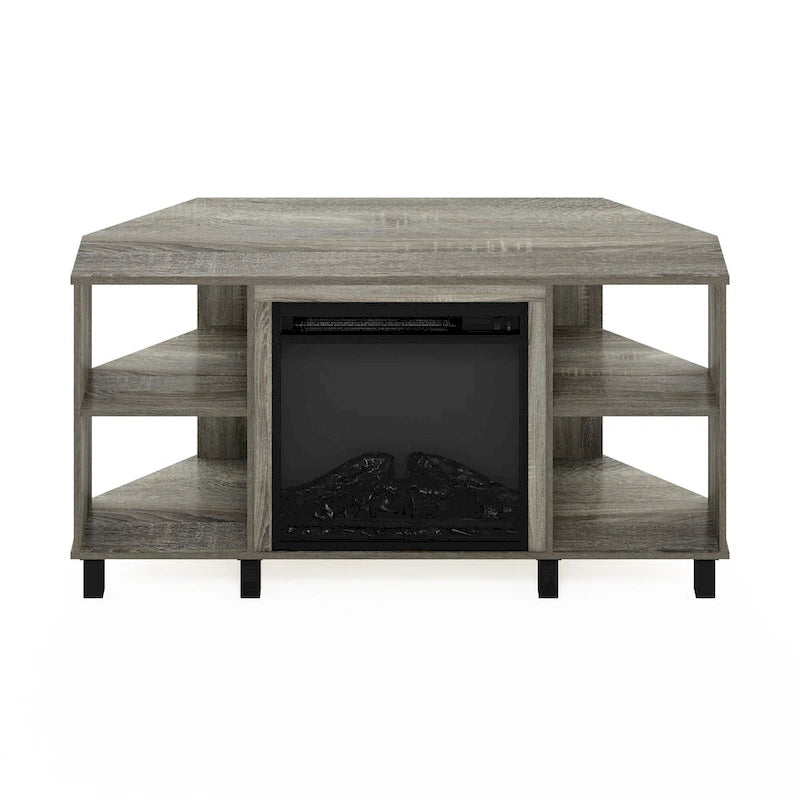 Mobile TV ad angolo Americano / French Oak Grey / Solid White con caminetto elettrico, per TV fino a 55", per 1-2 persone