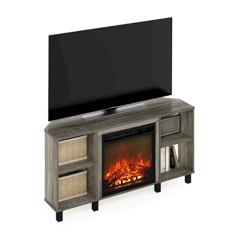 Mobile TV ad angolo Americano / French Oak Grey / Solid White con caminetto elettrico, per TV fino a 55", per 1-2 persone