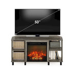 Mobile TV ad angolo Americano / French Oak Grey / Solid White con caminetto elettrico, per TV fino a 55", per 1-2 persone