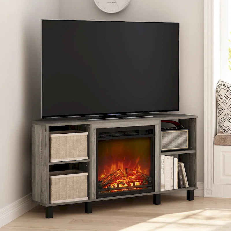 Mobile TV ad angolo Americano / French Oak Grey / Solid White con caminetto elettrico, per TV fino a 55", per 1-2 persone
