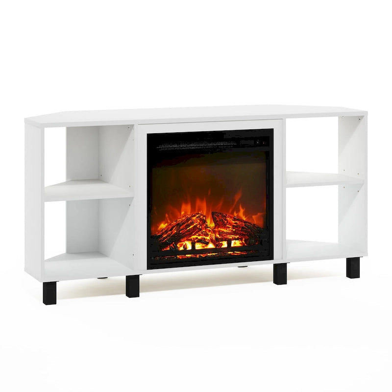 Mobile TV ad angolo Americano / French Oak Grey / Solid White con caminetto elettrico, per TV fino a 55", per 1-2 persone
