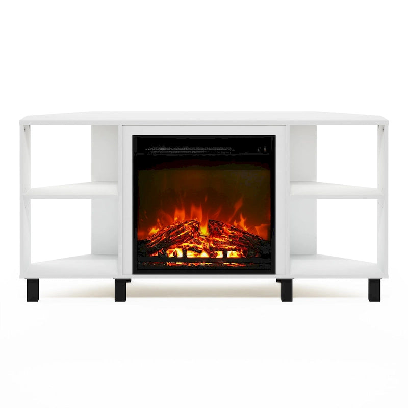 Mobile TV ad angolo Americano / French Oak Grey / Solid White con caminetto elettrico, per TV fino a 55", per 1-2 persone