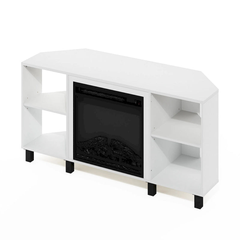 Mobile TV ad angolo Americano / French Oak Grey / Solid White con caminetto elettrico, per TV fino a 55", per 1-2 persone