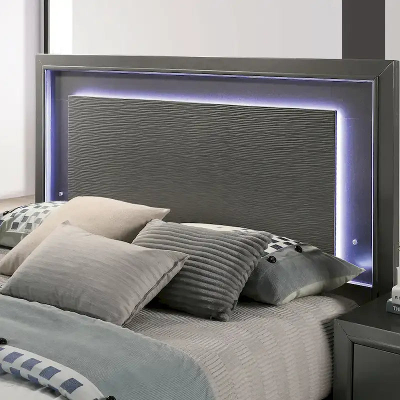 Letto a piattaforma a LED grigio metallizzato, stile contemporaneo, per 1-2 persone