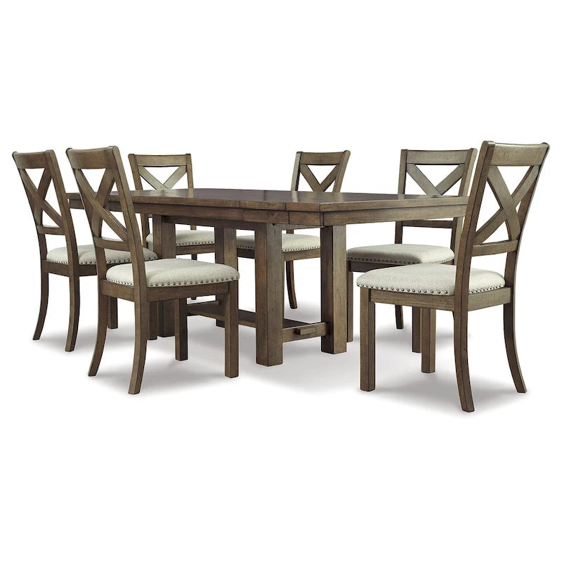 Set da pranzo allungabile 7 pezzi colore marrone grigiastro in stile rustico (ospita fino a 8 persone)