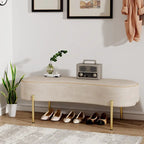 Panca ottomana imbottita color beige a forma di rene con gambe dorate, singola