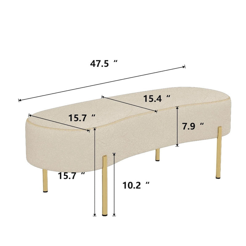 Panca ottomana imbottita color beige a forma di rene con gambe dorate, singola