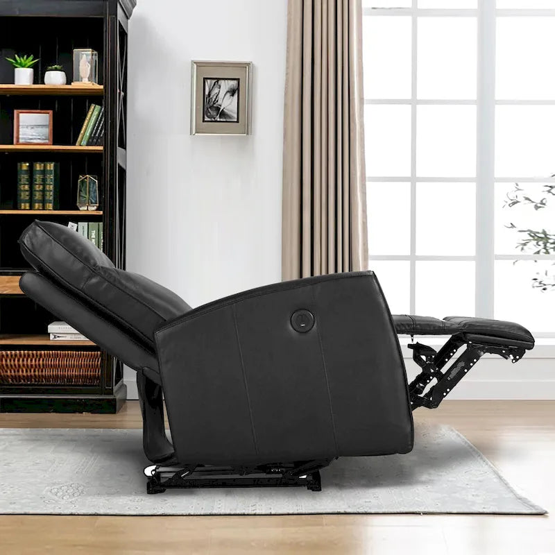 Poltrona Reclinabile Elettrica Monoposto Nera in Vera Pelle con Caricatore USB (1 Persona)