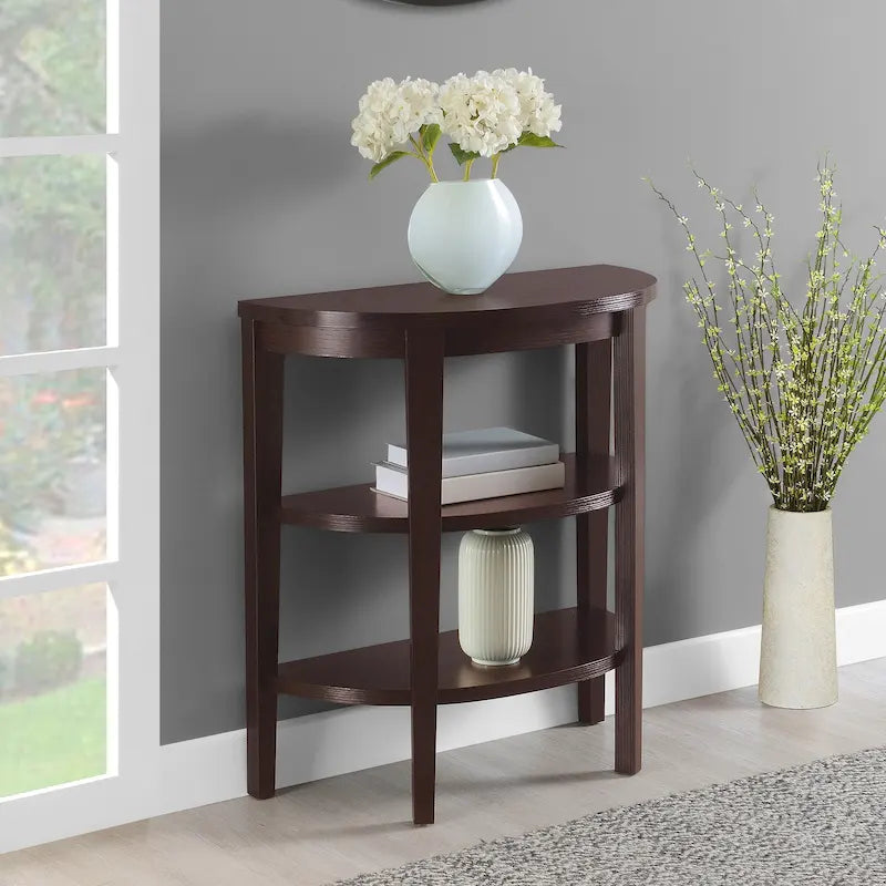 Tavolo console a semicerchio color espresso/mogano con ripiani a 3 livelli, montaggio unico