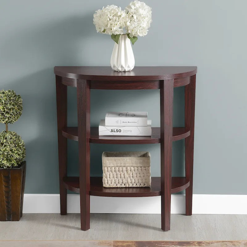 Tavolo console a semicerchio color espresso/mogano con ripiani a 3 livelli, montaggio unico