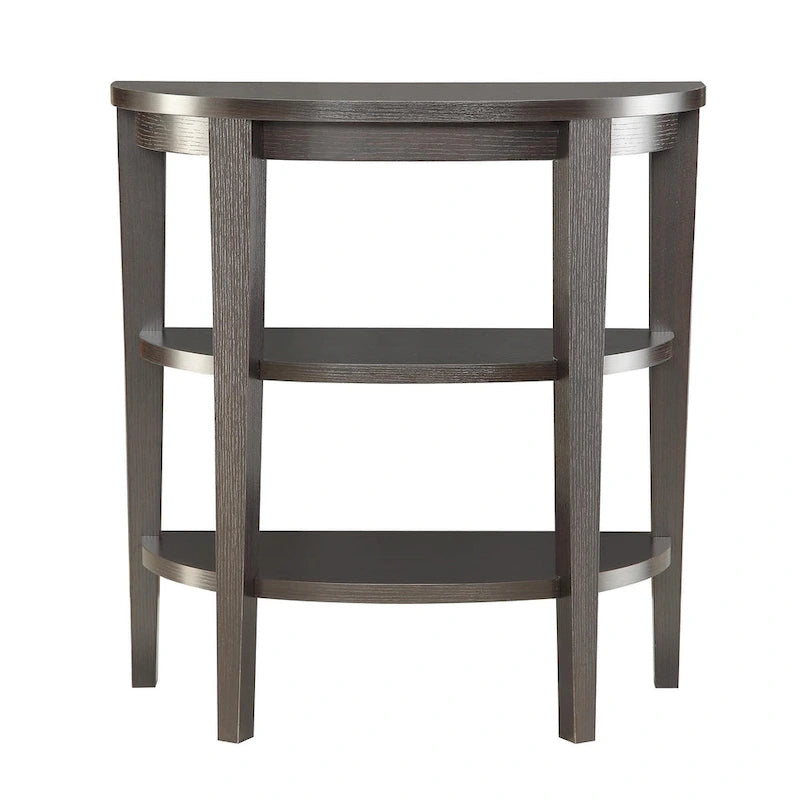 Tavolo console a semicerchio color espresso/mogano con ripiani a 3 livelli, montaggio unico