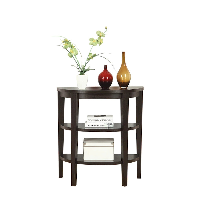 Tavolo console a semicerchio color espresso/mogano con ripiani a 3 livelli, montaggio unico