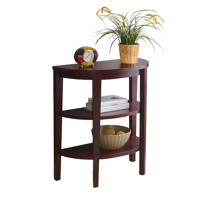 Tavolo console a semicerchio color espresso/mogano con ripiani a 3 livelli, montaggio unico