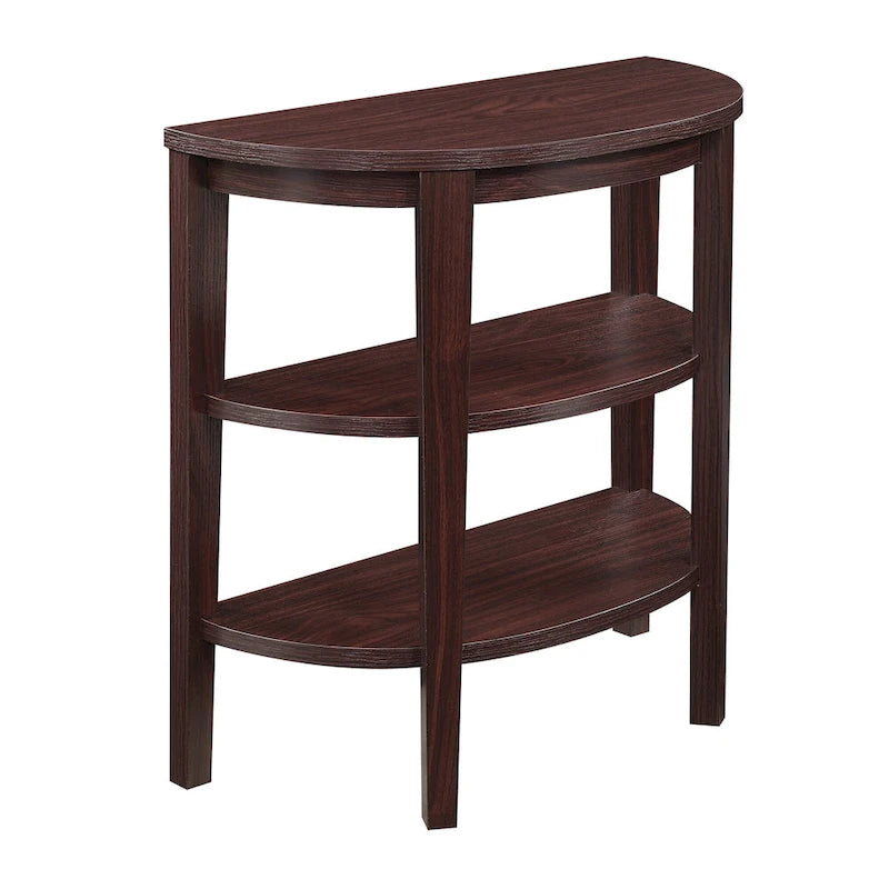 Tavolo console a semicerchio color espresso/mogano con ripiani a 3 livelli, montaggio unico