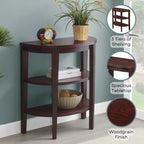 Tavolo console a semicerchio color espresso/mogano con ripiani a 3 livelli, montaggio unico