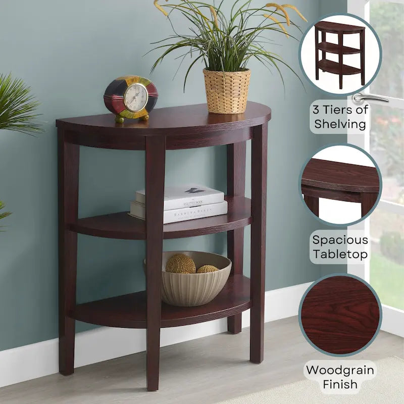 Tavolo console a semicerchio color espresso/mogano con ripiani a 3 livelli, montaggio unico