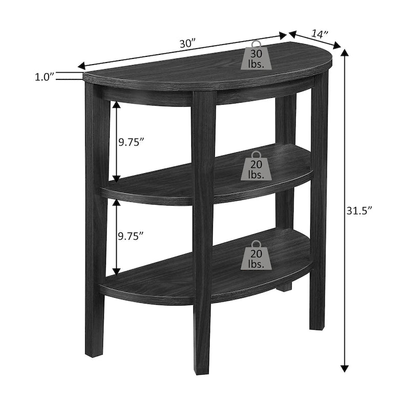 Tavolo console a semicerchio color espresso/mogano con ripiani a 3 livelli, montaggio unico