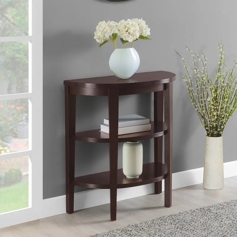 Tavolo console a semicerchio color espresso/mogano con ripiani a 3 livelli, montaggio unico