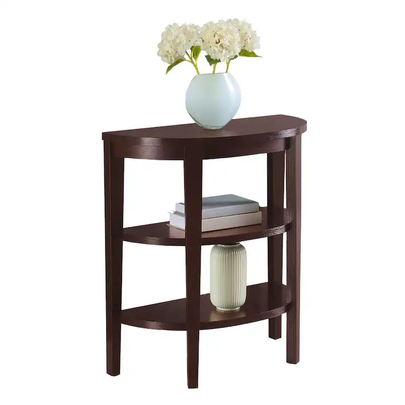 Tavolo console a semicerchio color espresso/mogano con ripiani a 3 livelli, montaggio unico
